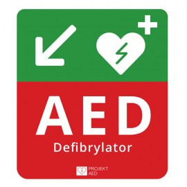 tablica kierunkowa AED w lewo, w dół, tablica AED